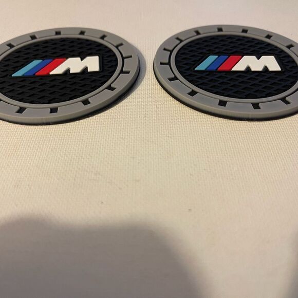 BMW Motorsports car cup Coasters in black and gray with logo Set of 2 NWT - Picture 2 of 4